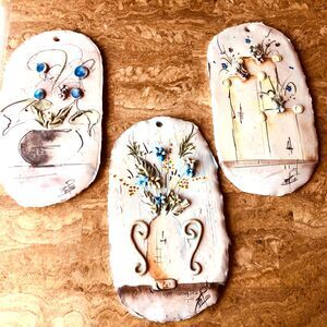 Vintage RARE Lino Zampiva Signed Ceramic Floral Wall Plaques Hand painted Italy